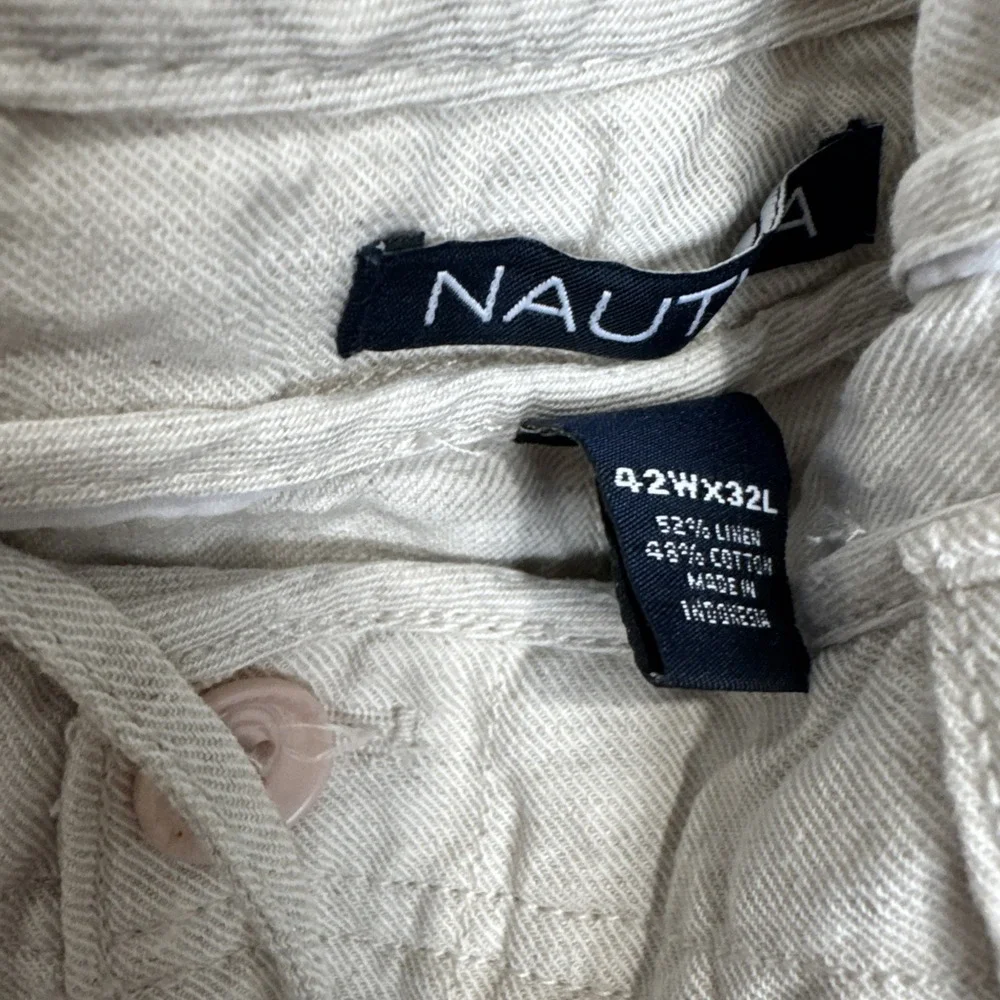 Nautica Size 42Wx32 L Beige Linen blend flat front Pants Drawstring Beach Preppy